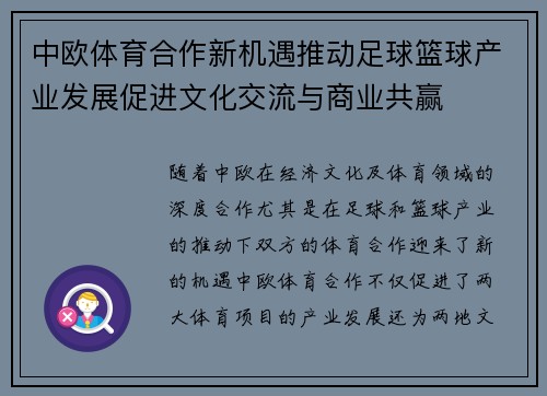 中欧体育合作新机遇推动足球篮球产业发展促进文化交流与商业共赢
